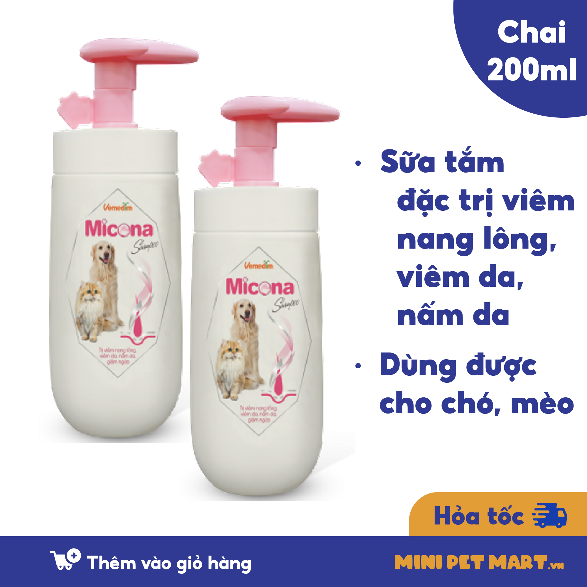 VEMEDIM MICONA SHAMPOO 200ml Sữa Tắm Loại Bỏ Và Phòng Ngừa Nấm Da, Viêm Da, Ngứa Ngáy Cho Chó Mèo - Mini Pet Mart