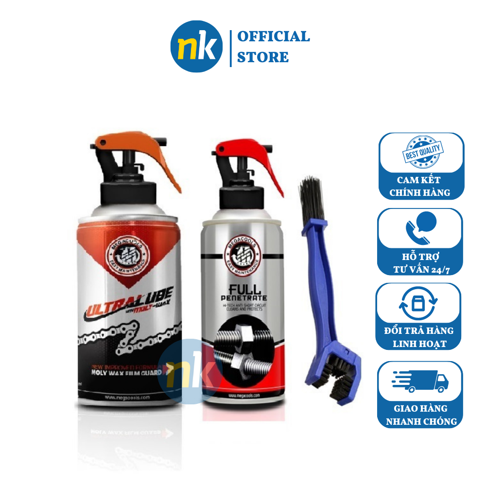 Combo chai xịt bảo dưỡng sên chống văng Megacools Ultra 300ml và xịt vệ sinh sên, rửa sên Megacools tặng bàn chải sên 3D