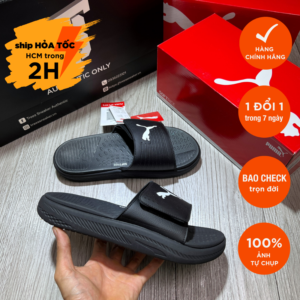Dép puma soft ride velcro all black 382112 01 full box tag chính hãng