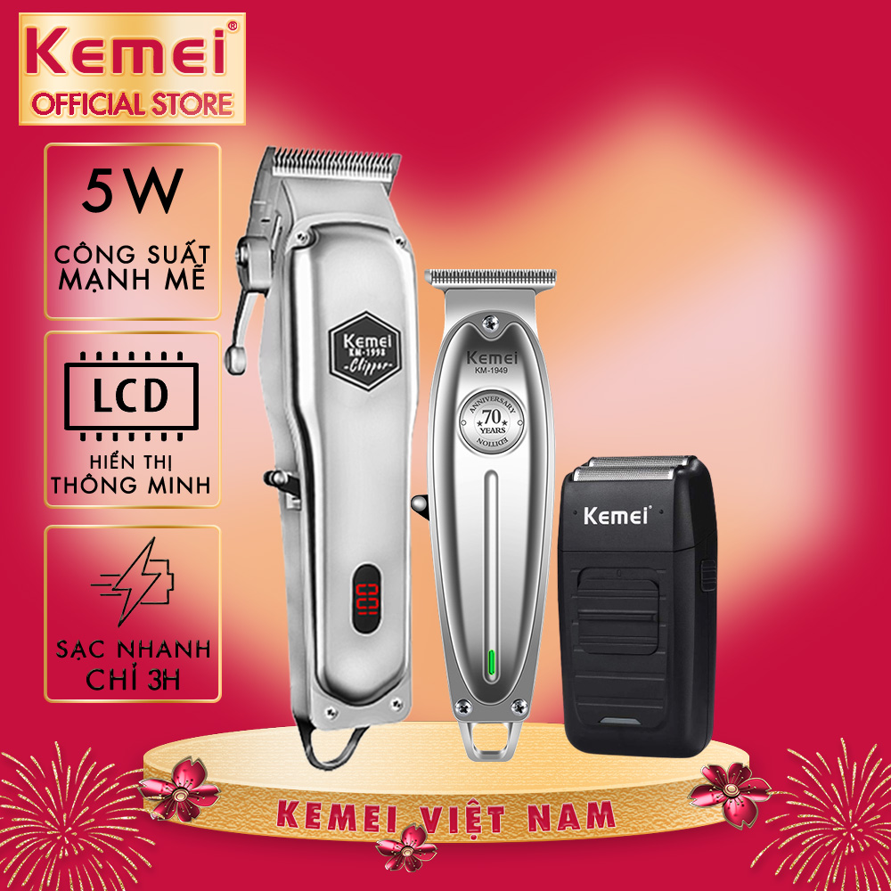 Combo Tông đơ cắt tóc kemei 1998, chấn viền kemei 1949 , máy cạo râu khô kemei 1102 chuyên nghiệp dùng cho gia đình và salon