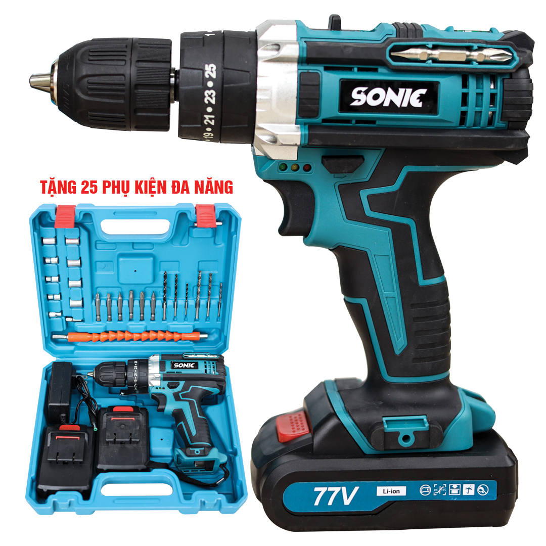 [ FREESHIP ] Máy Khoan Cầm Tay Dùng Pin Sonic 77V TẶNG KÈM PK - Khoan Bê Tông, Tường, Sắt, Gỗ, Bắt Vít, Bắn Tôn - Lõi Đồng Có Búa