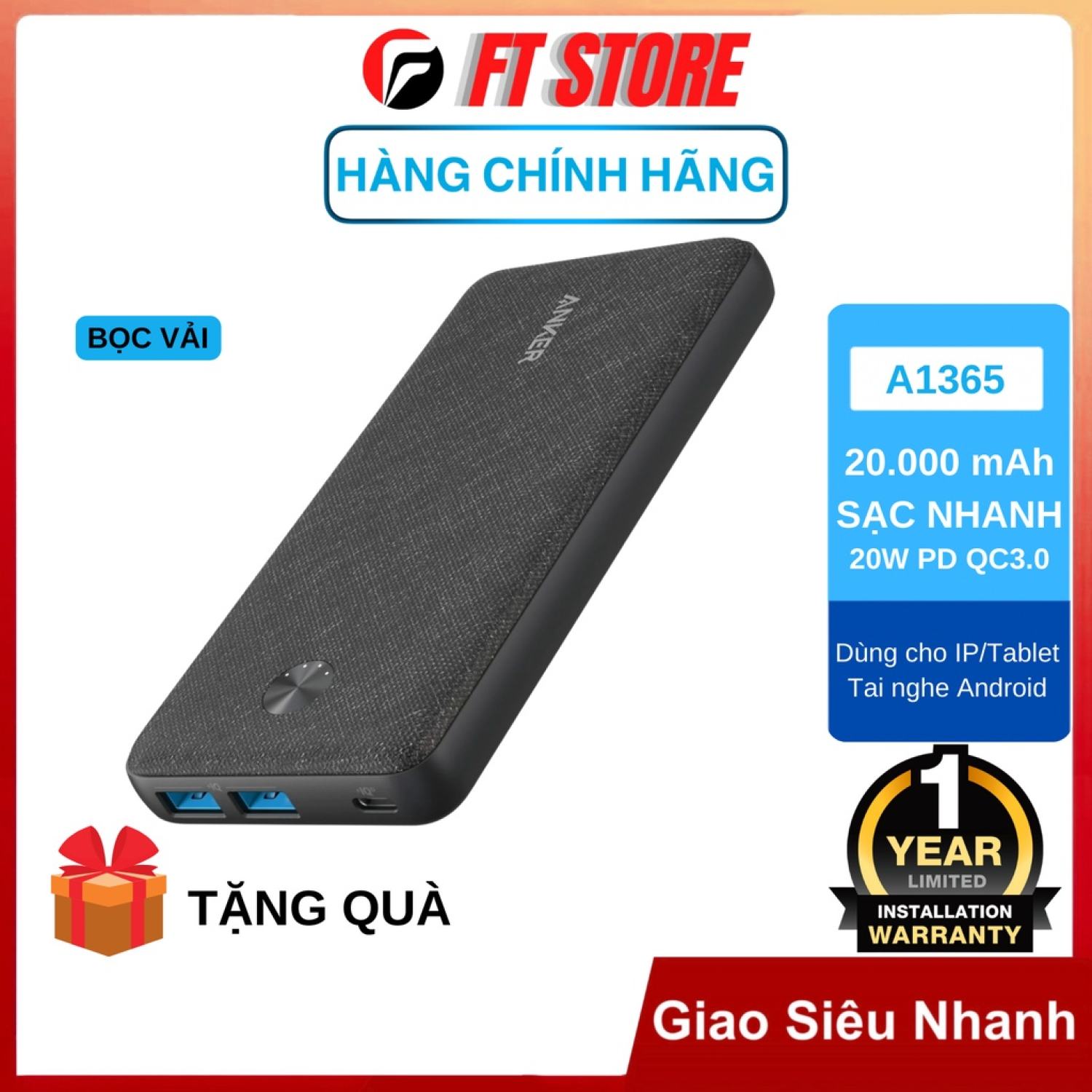 Pin sạc dự phòng anker powercore iii sense 20k 20000mah sạc nhanh 20w pd/qc3.0 - a1365 bh12th