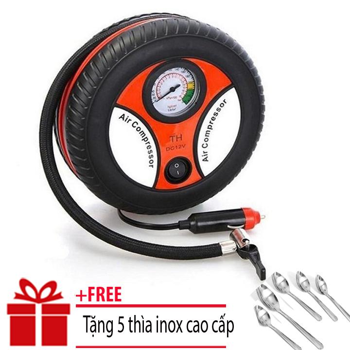 Bơm hơi lốp xe ô tô, xe máy (Đen phối đỏ)  - Máy bơm lốp điện cho ô tô hình bánh xe, Bơm điện ô tô đa năng 12V, bơm lốp ô tô, bơm lốp oto, máy bơm lốp xe ô tô, máy bơm lốp ô tô, máy bơm lốp oto, bơm bóng, bể phao+ Tặng bộ 5 thìa inox