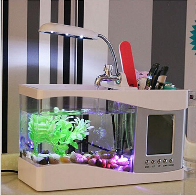Bể cá mini siêu đẹp để bàn làm việc đa năng có đèn led đồng hồ lọc nước hộp đựng bút