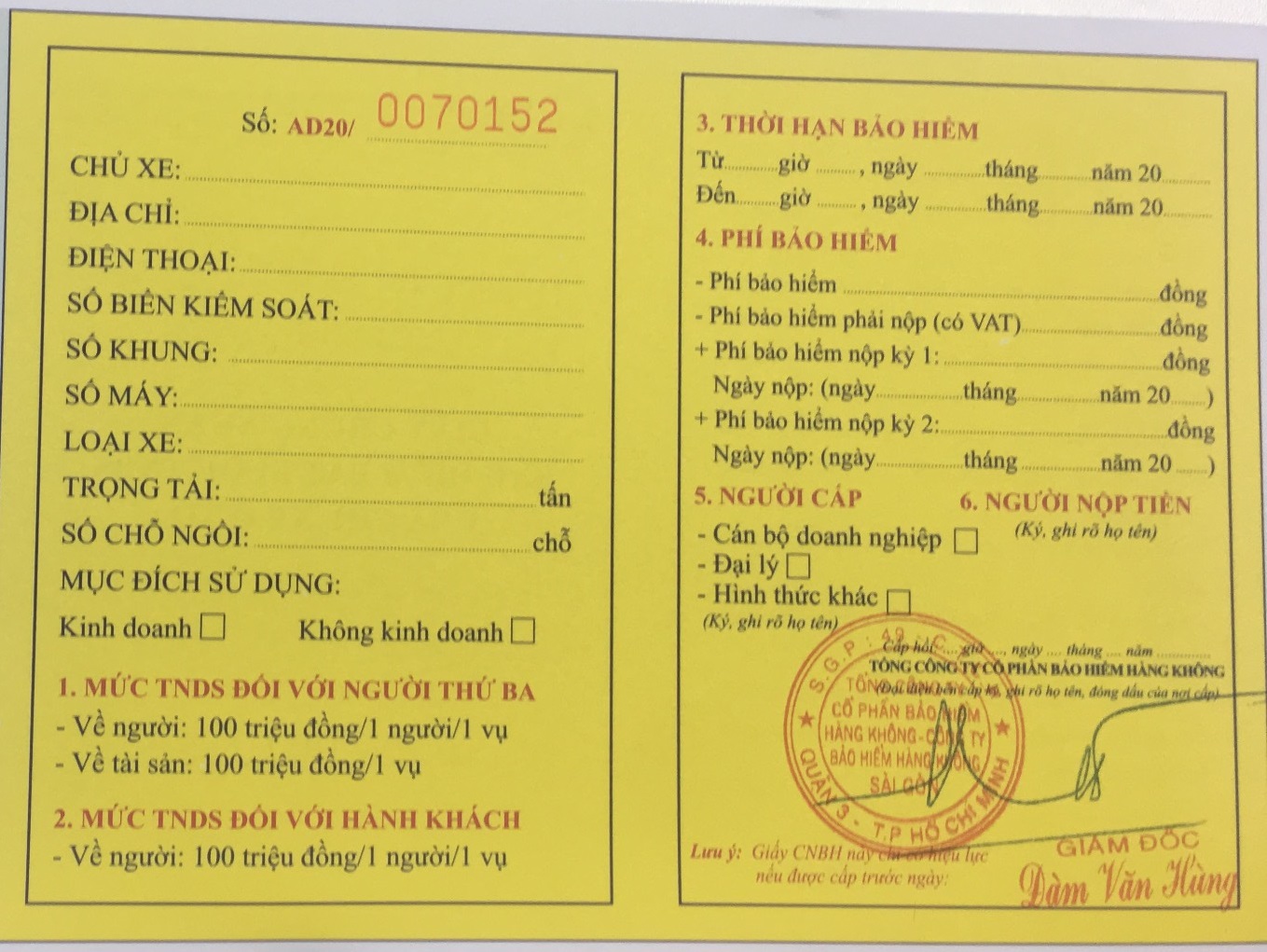 BẢO HIỂM TRÁCH NHIỆM DÂN SỰ XE ÔTÔ 4,5 CHỖ-KHÔNG KINH DOANH