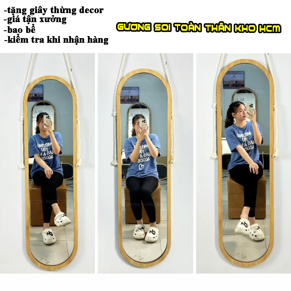 Gương toàn thân treo tường decor phòng cực đẹp tặng dây thừng và móc treo đóng đinh không cần khoan tường