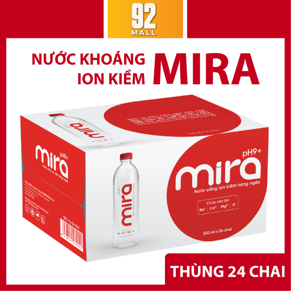 Thùng 24 Chai Nước Ion Kiềm Mira Tav pH9+ Giàu Khoáng Chất, An Toàn Sức Khỏe Chai 550ml