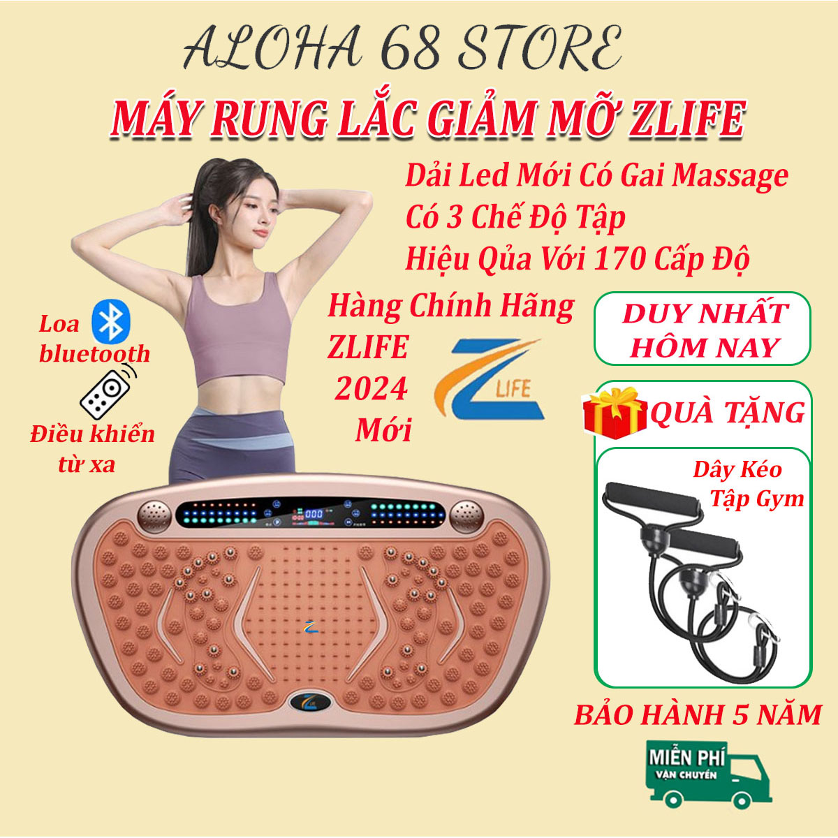 Máy rung lắc toàn thân Zlife Việt Nam, Máy giảm cân massage rung toàn thân, Dụng cụ tập giảm mỡ bụng tại nhà hiệu quả giúp eo săn chắc tặng kèm dây kéo tập gym