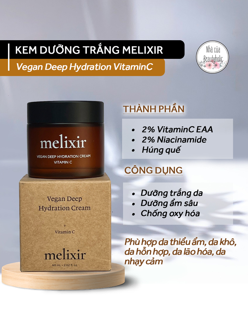 Kem dưỡng trắng thuần chay melixir vegan deep hydration cream vitaminc