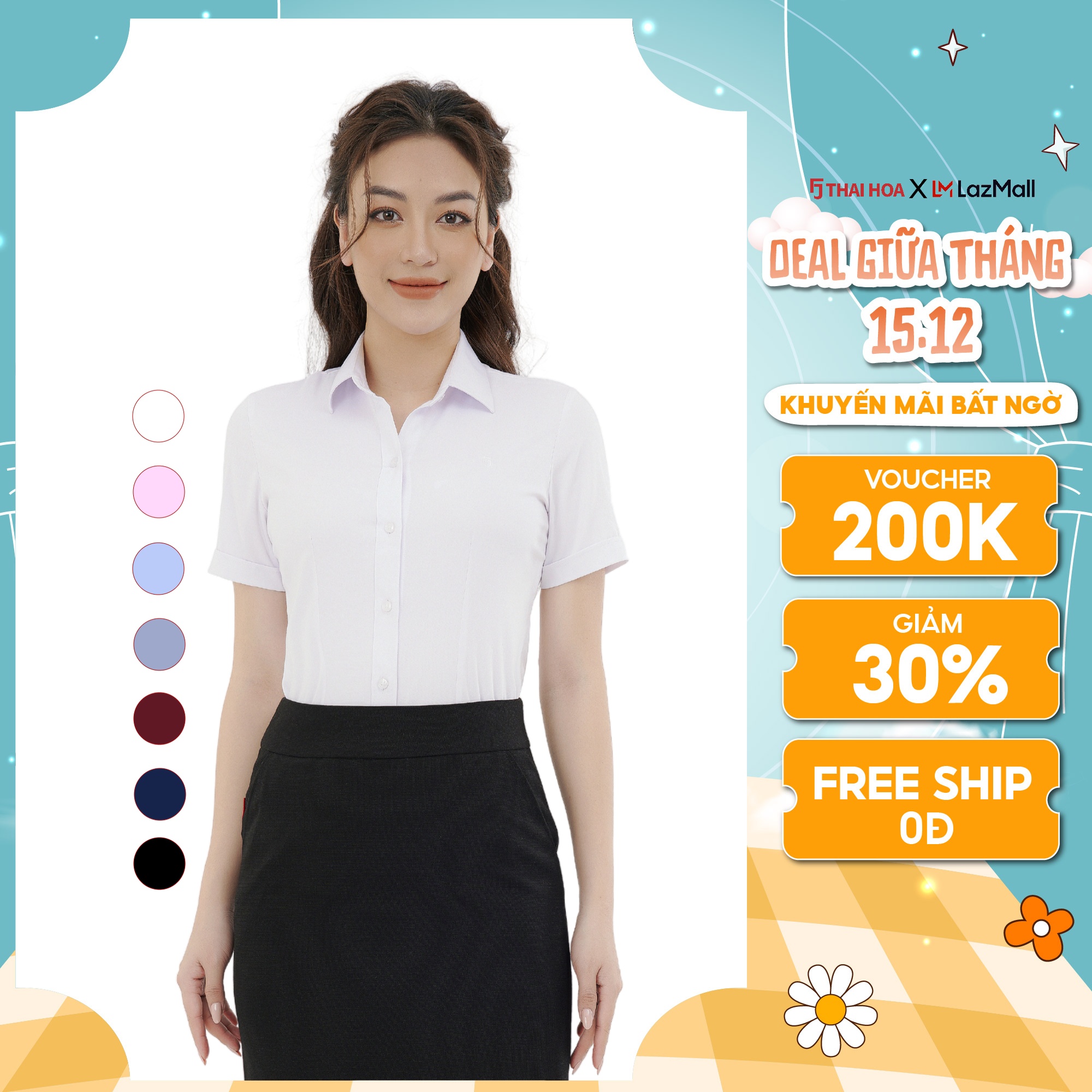  Áo sơ mi nữ công sở ngắn tay sợi tre Thái Hoà form rộng ASW0301-R10 