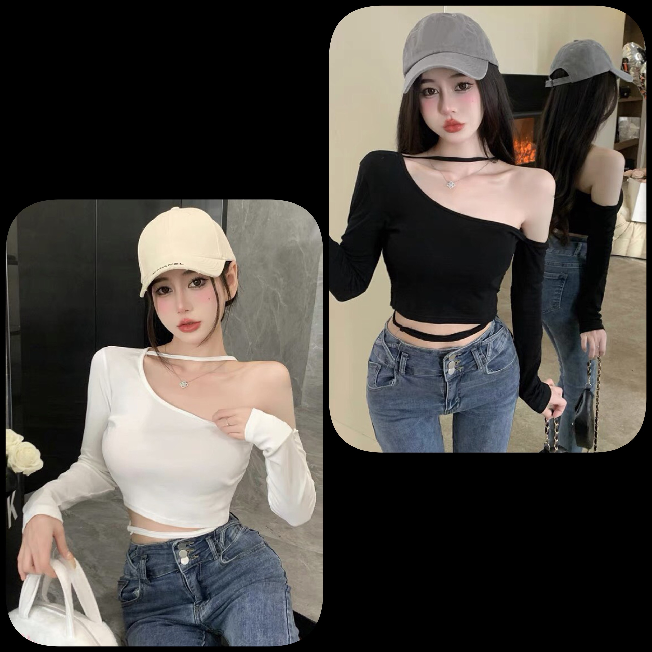 Áo thun croptop lệch vai tay dài phối dây eo và cổ