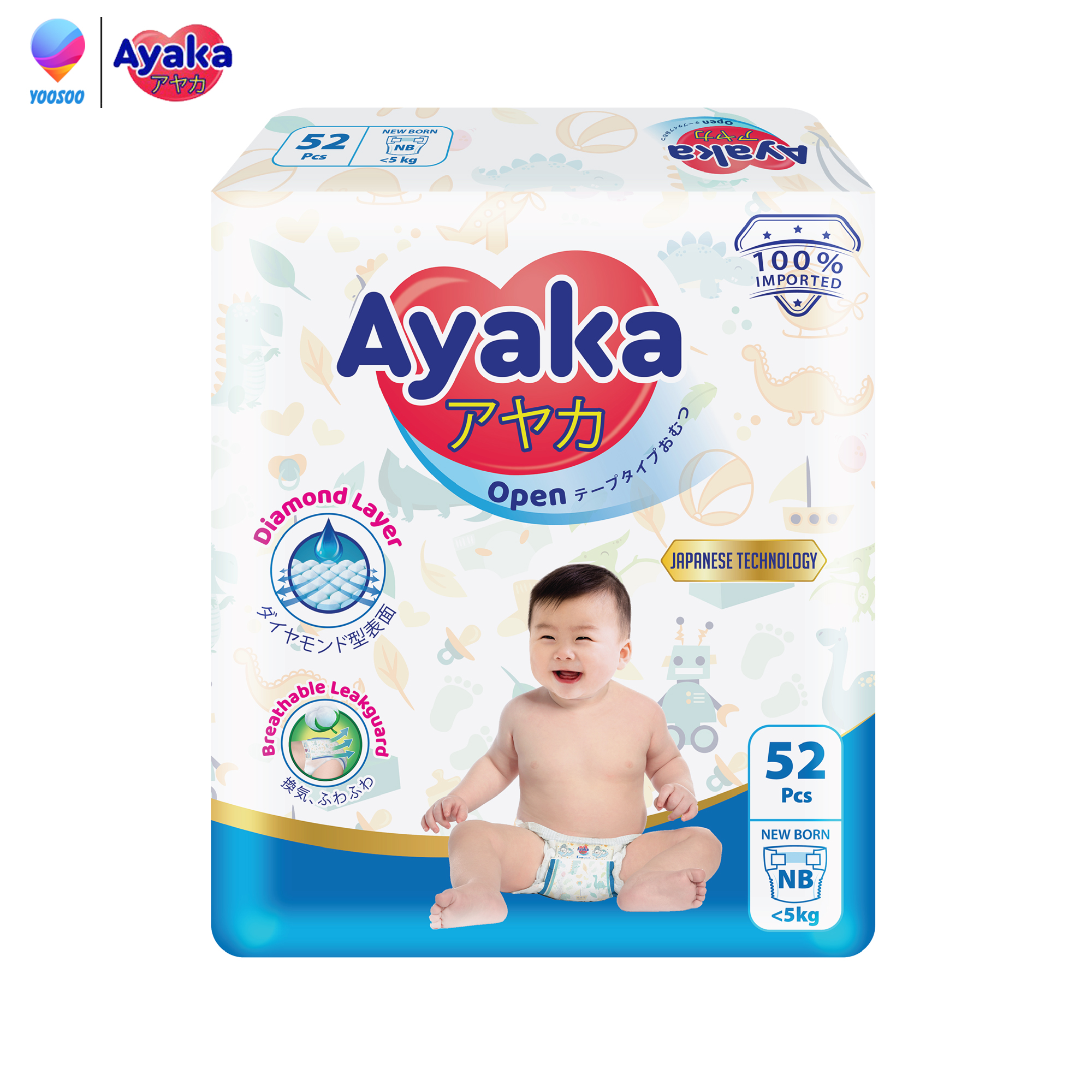 Tã dán sơ sinh AYAKA Công Nghệ Nhật Bản Size NB 52 miếng/gói dành cho bé <5kg - Thương Hiệu AYAKA - YOOSOO MALL