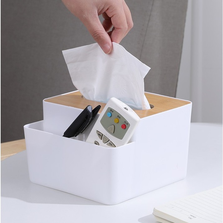 Hộp đựng giấy ăn, Hộp khăn giấy 2 ngăn nắp gỗ tiện dụng Decor bàn đựng đồ đa năng