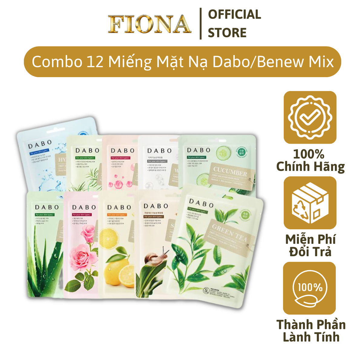 Combo 12 Miếng Mặt Nạ Giấy Hàn Quốc Trắng Da, Ngừa Mụn BENEW DABO Chiết Xuất Thiên Nhiên ( 22ml 1 gói) MIX VỊ NGẪU NHIÊN