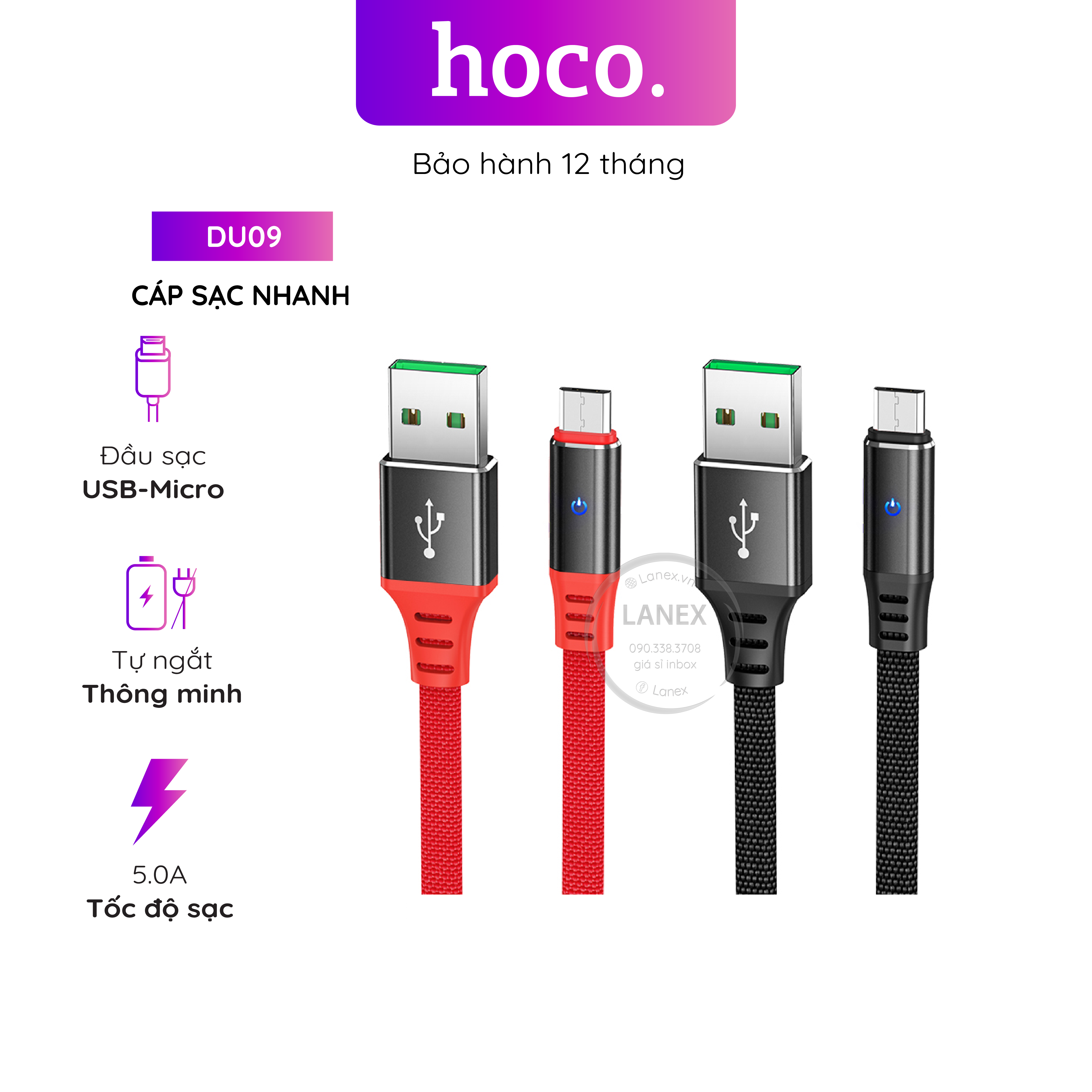 Cáp Sạc Nhanh Hoco Du09 Dây Dù Tự Ngắt Có Led Micro 5.0a Dài 1.0m
