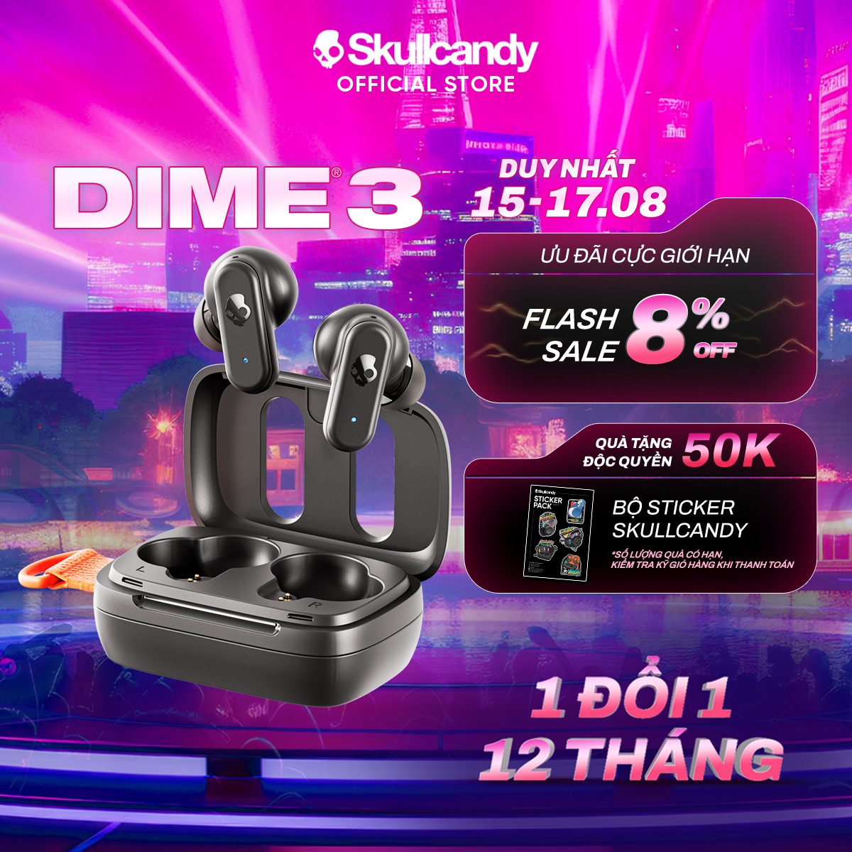 [THƯƠNG HIỆU MỸ] Tai nghe bluetooth nhét tai, xuyên âm và EQ, kết nối đa thiết bị, SKULLCANDY DIME 3 - BẢO HÀNH 1 NĂM