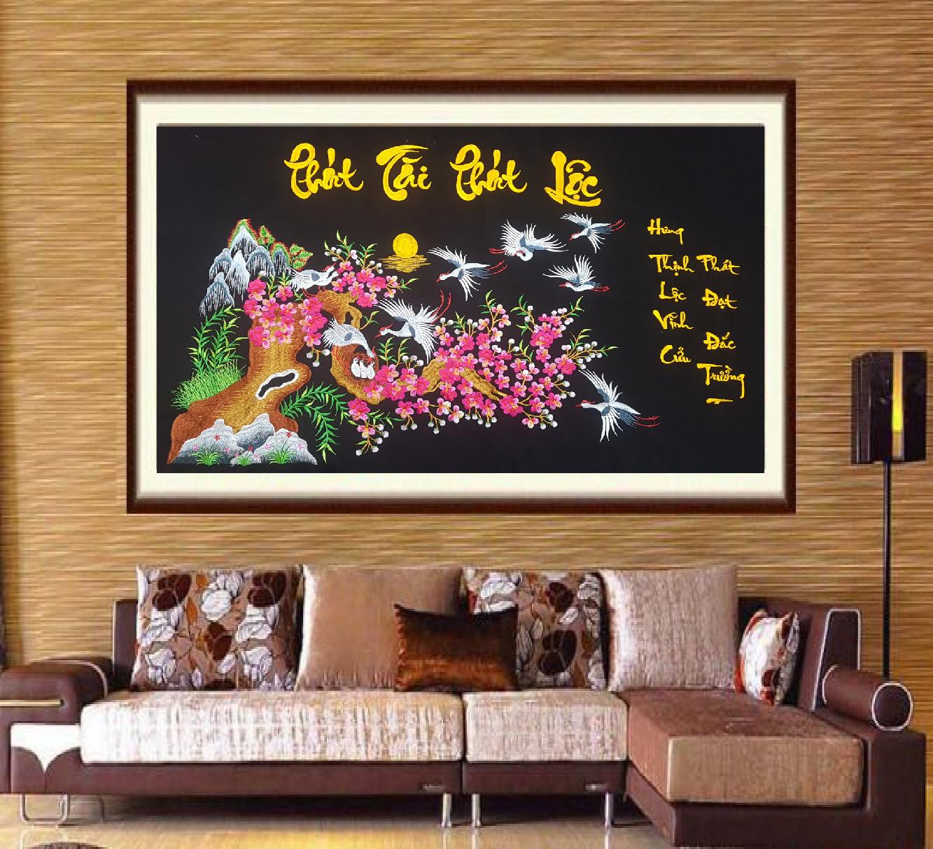 [ TRANH TREO TƯỜNG] TRANH THÊU THÀNH PHẨM HẠC ĐÀO HỒNG CHỮ PHÁT TÀI PHÁT LỘC KÍCH THƯỚC 50X70