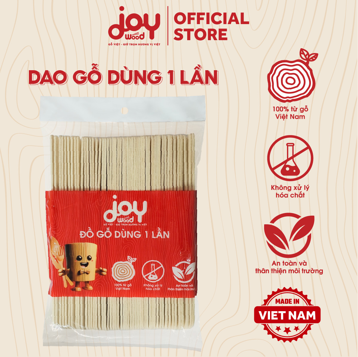 50 dao gỗ JOY WOOD 16cm cao cấp dùng 1 lần cắt bánh kem, cafe, salad, thân thiện môi trường, xuất khẩu Châu Âu