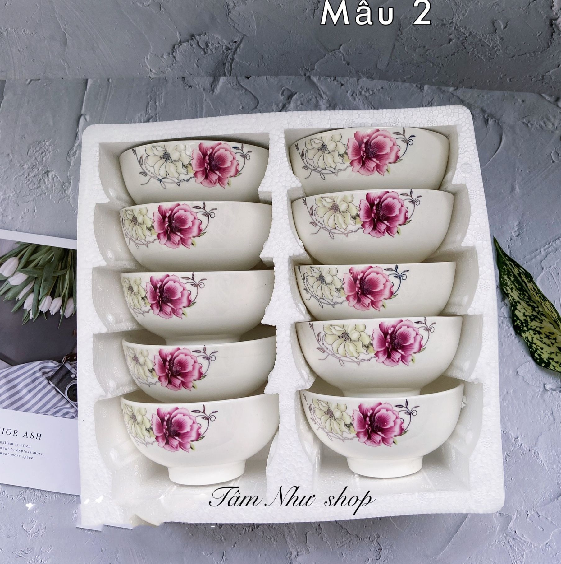 Bộ chén sứ hoa văn cao cấp giao mẫu ngẫu nhiên - chén sứ tráng men- tô và chén