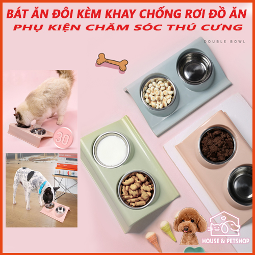 Bát Ăn Đôi Kèm Chén Inox Cho Thú Cưng - Khay Đựng Thức Ăn Thông Minh Tránh Rơi Thức Ăn Loại Lớn Cho Chó Mèo