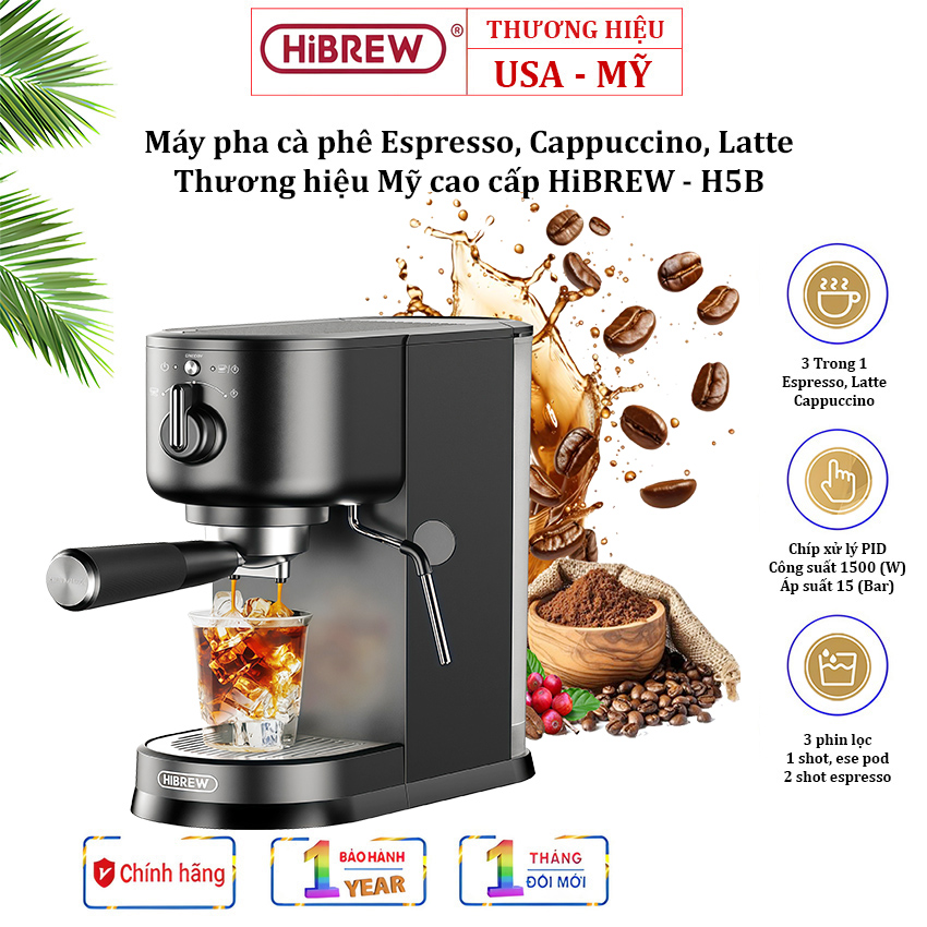 Máy pha cà phê espresso, cappuccino, latte. thương hiệu mỹ cao cấp hibrew - h5b - bảo hành 12 tháng