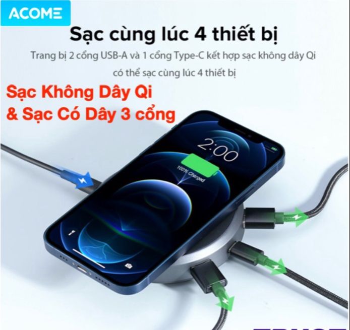 Đế Sạc Không Dây Qi ACOME AWC01 Công Suất 10W Tương Thích Với Iphones/Samsung/Xiaomi/OPPO/VIVO/Realmi