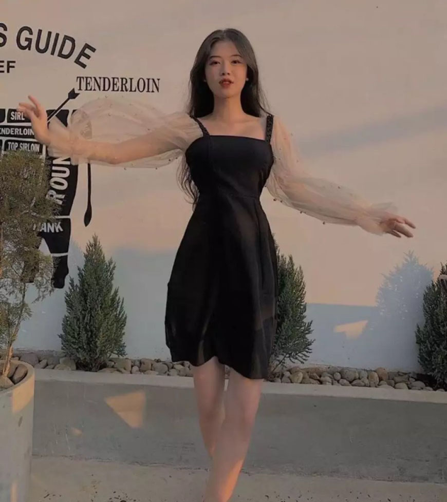 [HCM]Đầm dự tiệc đen tay phồng kết hạt  vải thun co giãn tốt thiết kế phong cách Hàn Quốc (Có size to 2XL)