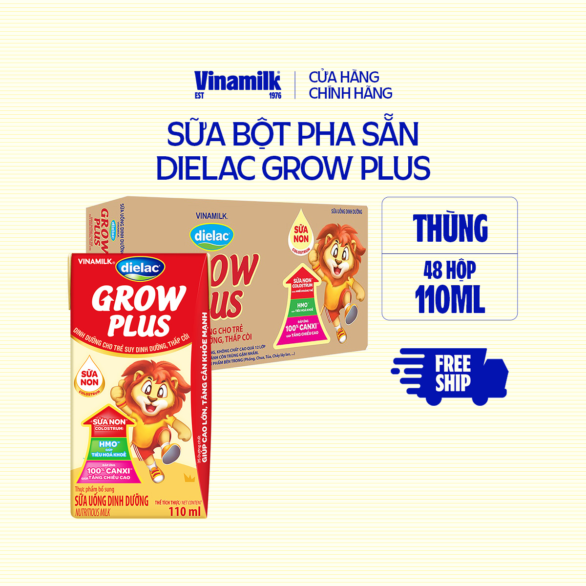 Thùng 48 hộp Sữa Non Vinamilk Dielac Grow Plus (Sữa Uống Dinh Dưỡng) 110ml - Sữa nước hỗ trợ Trẻ suy dinh dưỡng, thấp còi giúp trẻ Tăng cân cao khỏe