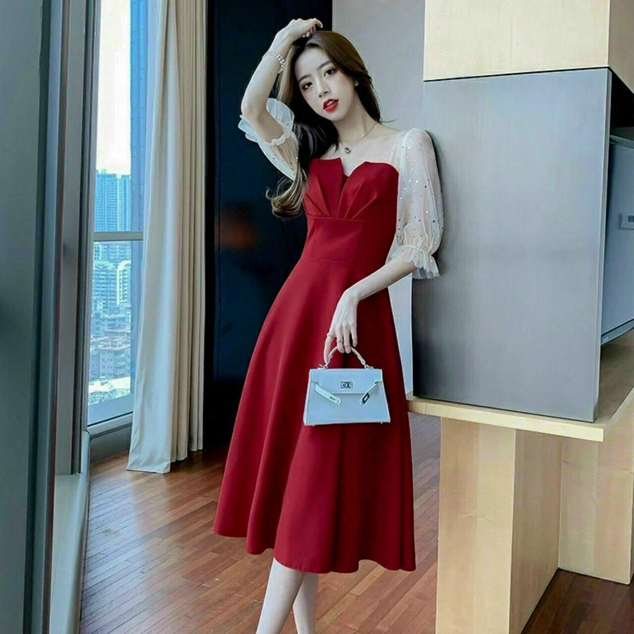 Đầm xòe dự tiệc tiểu thư phối tay kim tuyến thời trang sang trọng