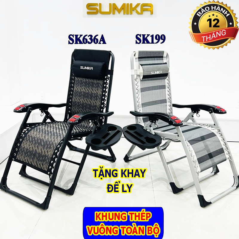 Ghế xếp thư giãn, ghế gấp gọn thư giãn, ghế lăn tay massage thư giãn Sumika 199,  636A Khung vuông sơn tĩnh điện cao cấp sang trọng, lăn tay massage hiện đại, tặng khay để ly, bảo hành 12 tháng