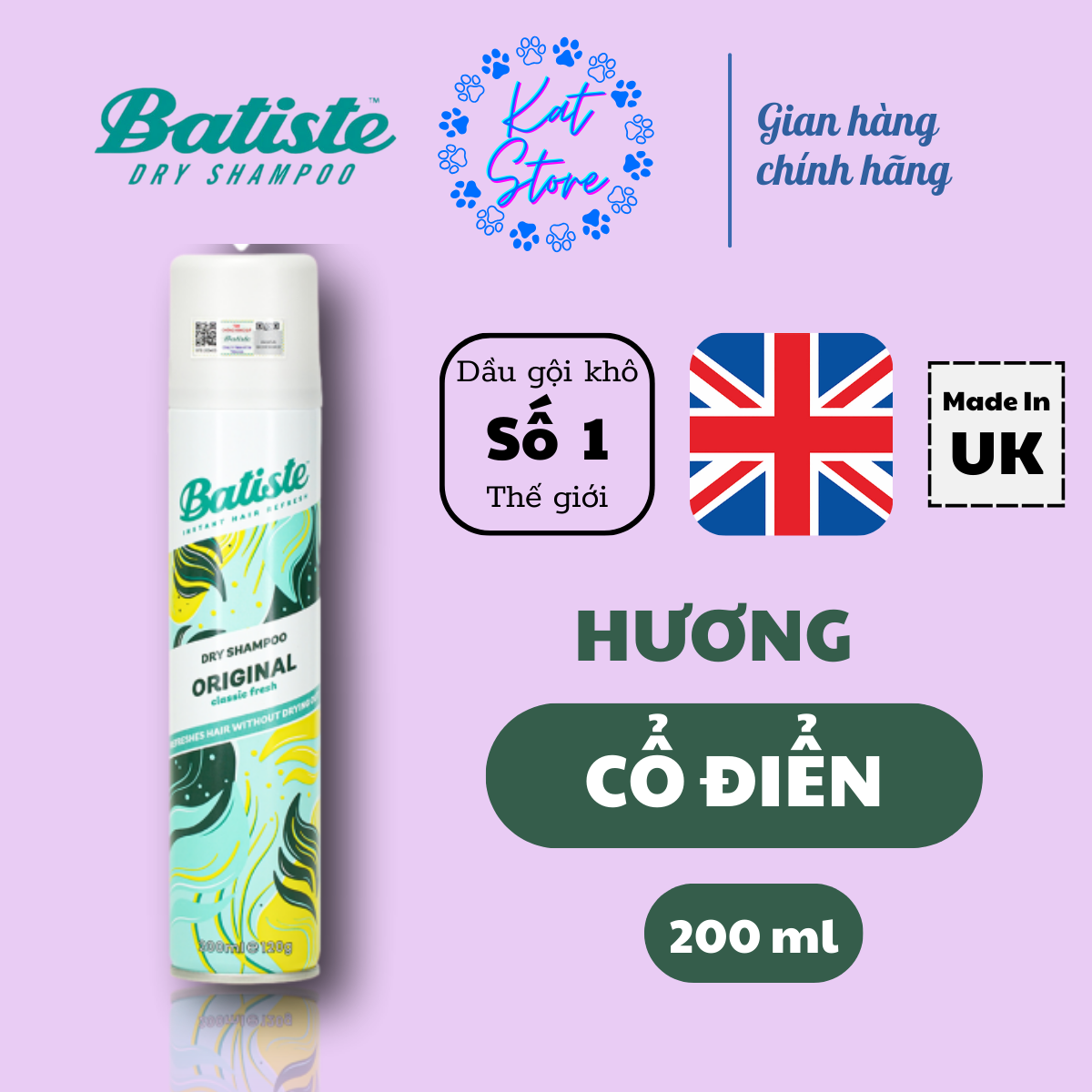 Dầu Gội Khô Hương Cổ Điển Batiste Dry Shampoo Clean & Classic Original