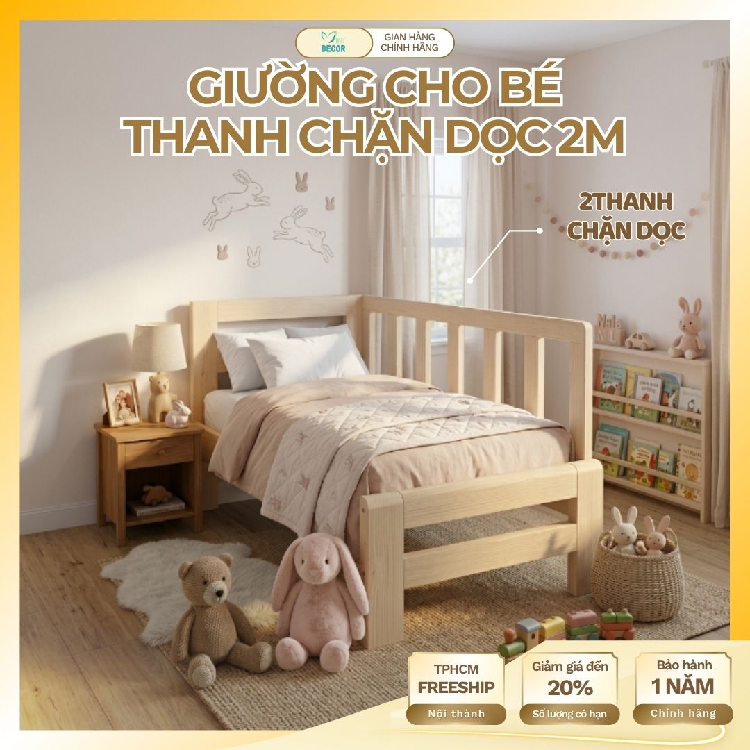 Giường Ghép Gỗ 2m Có Thanh Chặn Dọc Cho Bé Mẫu Kích Thước Lớn Dành Cho Gia Đình Có Con Nhỏ