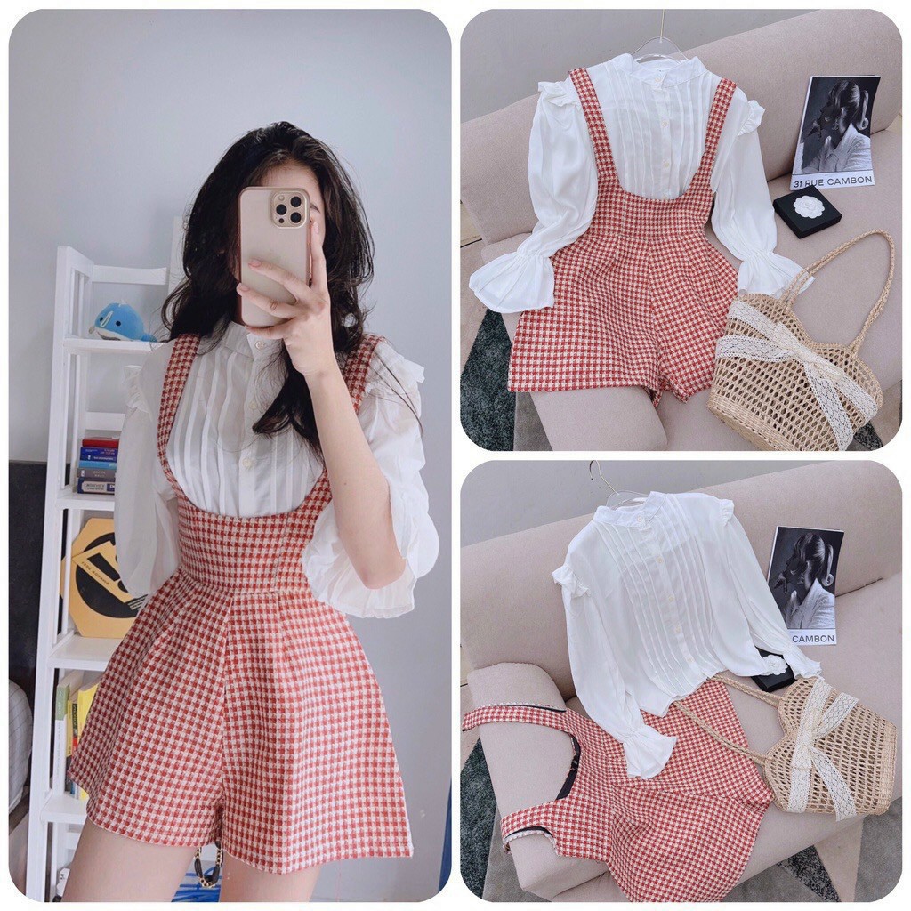 Sét áo tay dài cổ tròn bèo vai xếp ly ngực kèm yếm quần đùi caro siêu cute