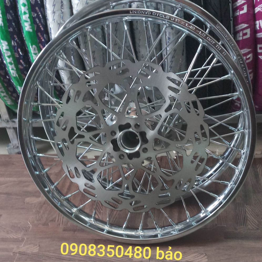 Bánh căm RAIDER SATRIA niềng union 1.4/1.6 căm đùm mạ crom kèm 2 đĩa trước sau gắn như zin