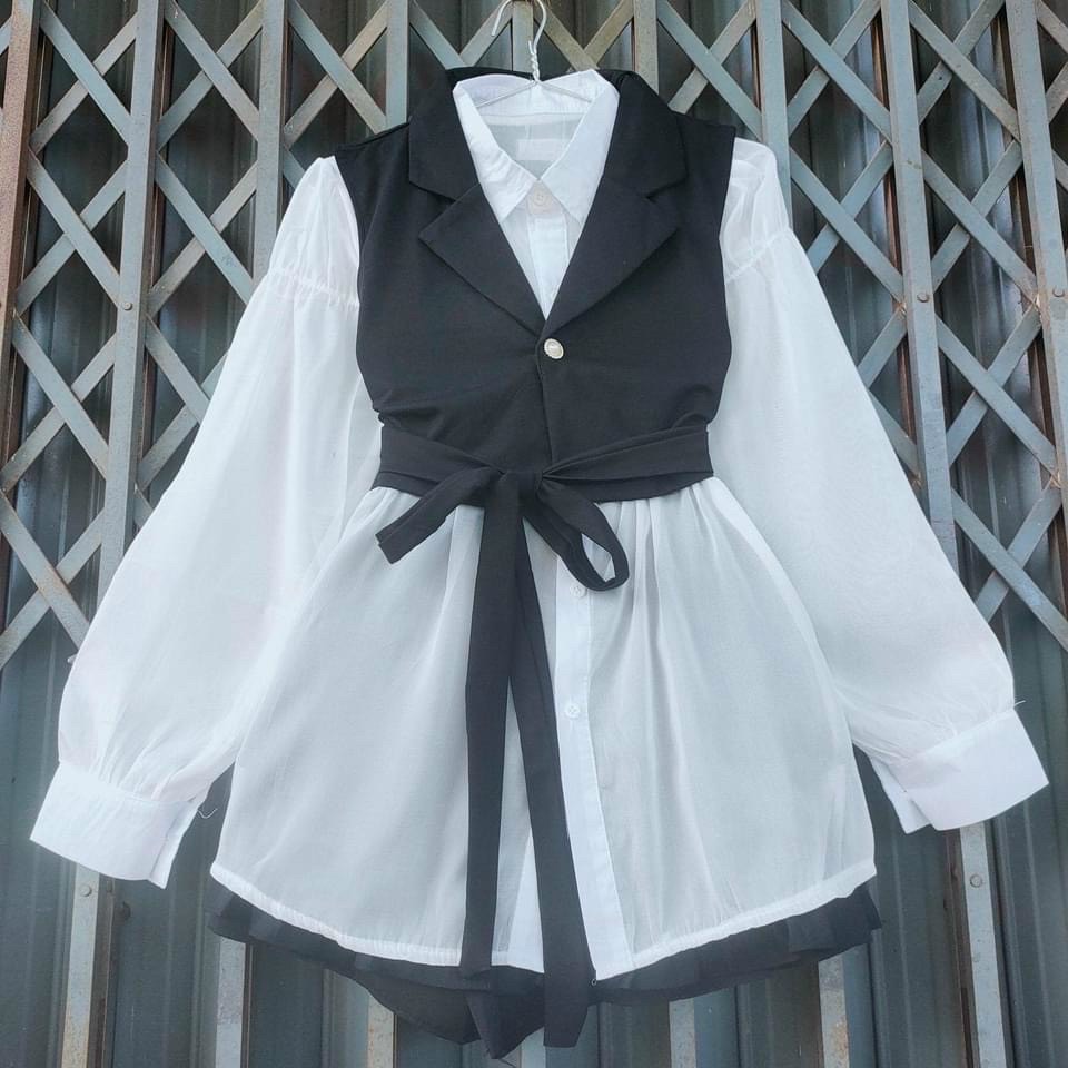 Combo 2 món- Set áo sơ mi nữ trắng tay dài phối áo khoác vest đen dây dài cột nơ TU
