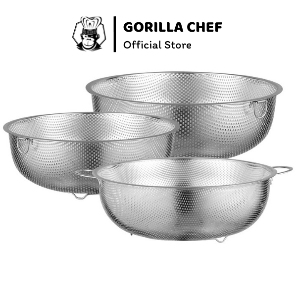 Rổ inox lỗ nhỏ 1 quai/2 quai Gorilla Chef - Rá inox đa năng có chân ráo nước, quai treo tiện lợi