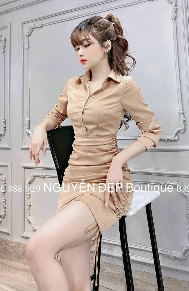 [HCM]Đầm nhún cổ sơ mi cao cấp ba màu ( màu be màu trắng và màu đen )