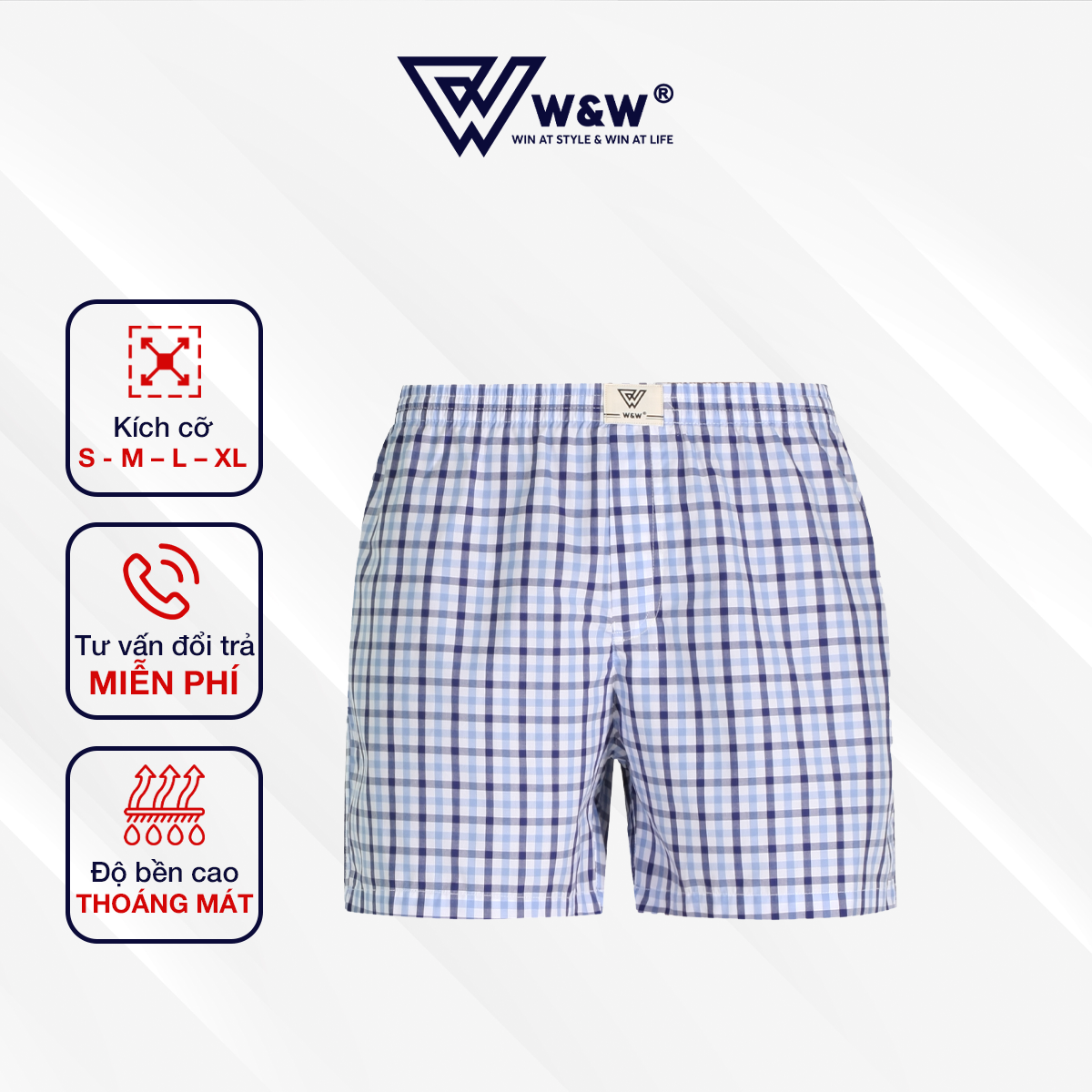 Quần short kẻ mỹ nam w&w wsh17 dáng regular fit, vải cotton thoáng mát, thấm hút mồ hôi, co giãn thoải mái