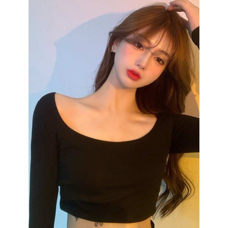 Áo croptop thun nữ sexy cổ chữ u hàn quốc dài tay áo thun nữ croptop tay dày