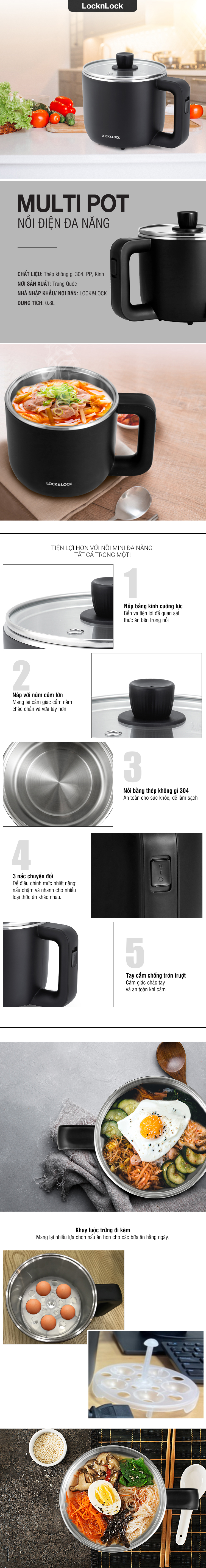 Nồi Điện Đa Năng Lock&Lock EJP116BLK (0.8 Lít)