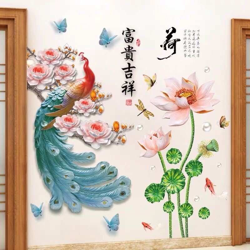 Decal dán tường công đuôi xanh và hoa sen