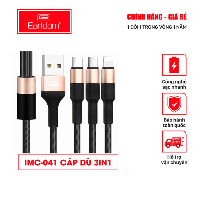Cáp sạc dù 3 đầu Lightning/Micro/Type C Earldom 3 in 1 IMC - 041 ( BH 12 Tháng)