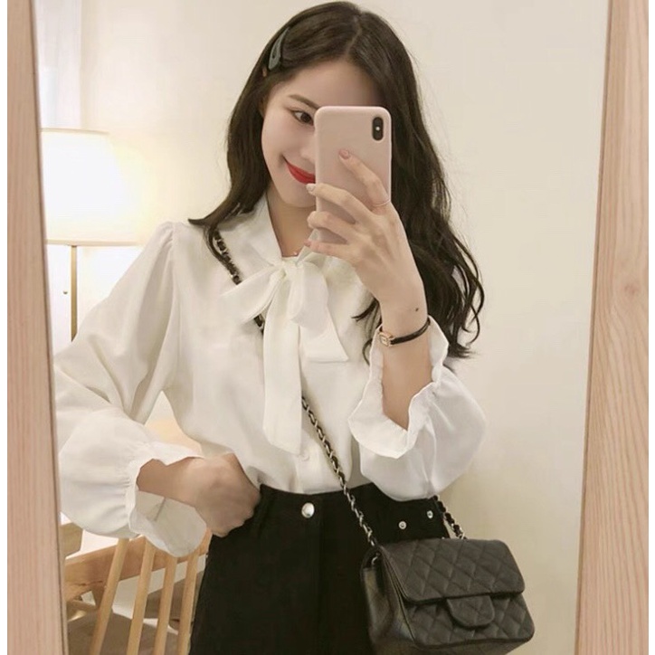 Áo sơ mi trắng nữ dài tay cổ nơ tay bèo 3 màu