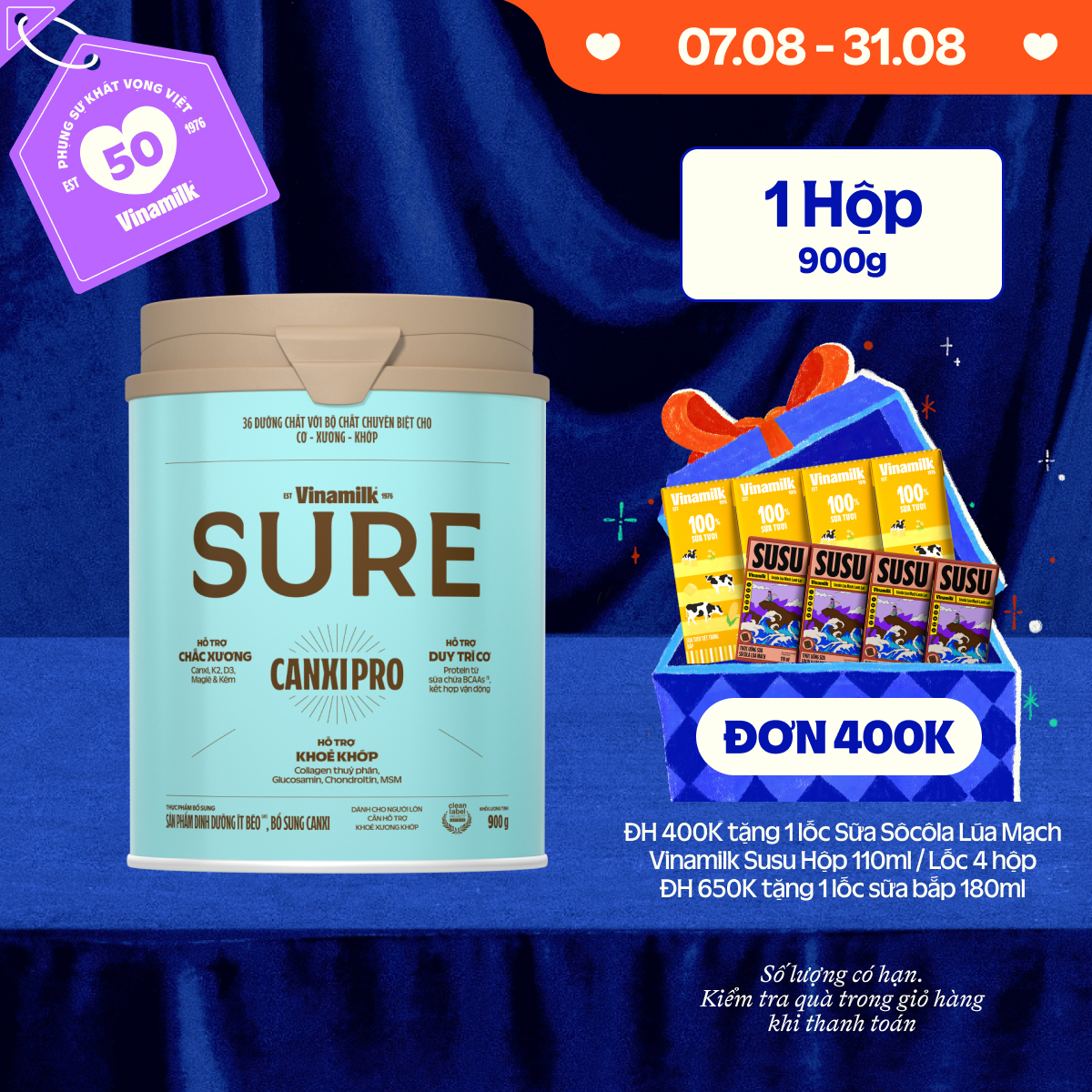 Sữa bột Vinamilk SURE CanxiPro 900g (Hộp thiếc) - Sữa bổ sung Canxi, Tốt cho xương khớp