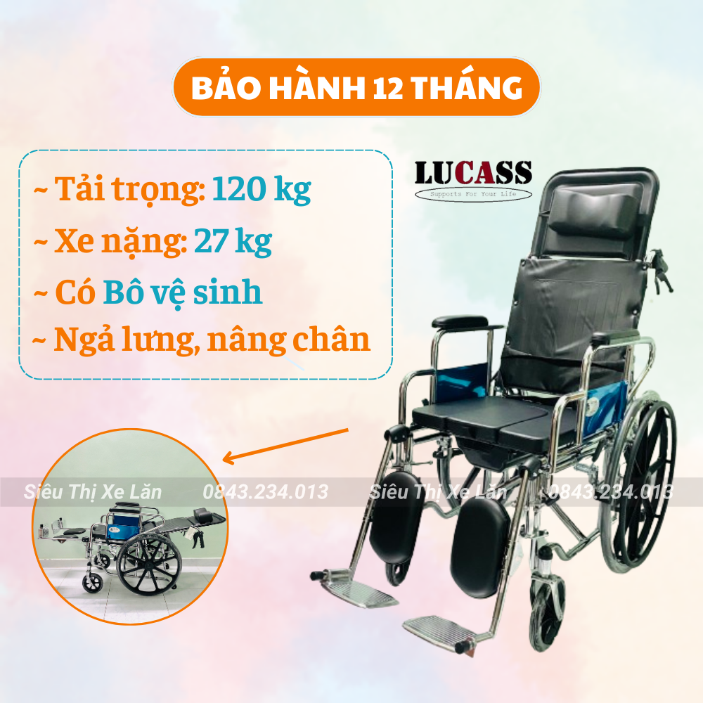 Xe lăn cho người già lucass x7ab | xe lăn bánh mâm có bô vệ sinh, ngả lưng, nâng hạ chân, bảo hành 12 tháng