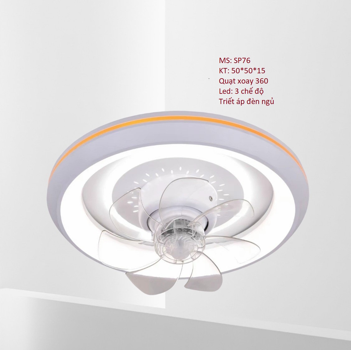 Quạt trần đèn,SuperVilighting, MS: QMAM, Trang trí phòng khách, quạt làm mát Động cơ AC 60W, kích thước D50cm. Quạt trần sát trần, quạt đảo trần, quạt trần đèn mâm, quạt trần meka, BH: 2 năm