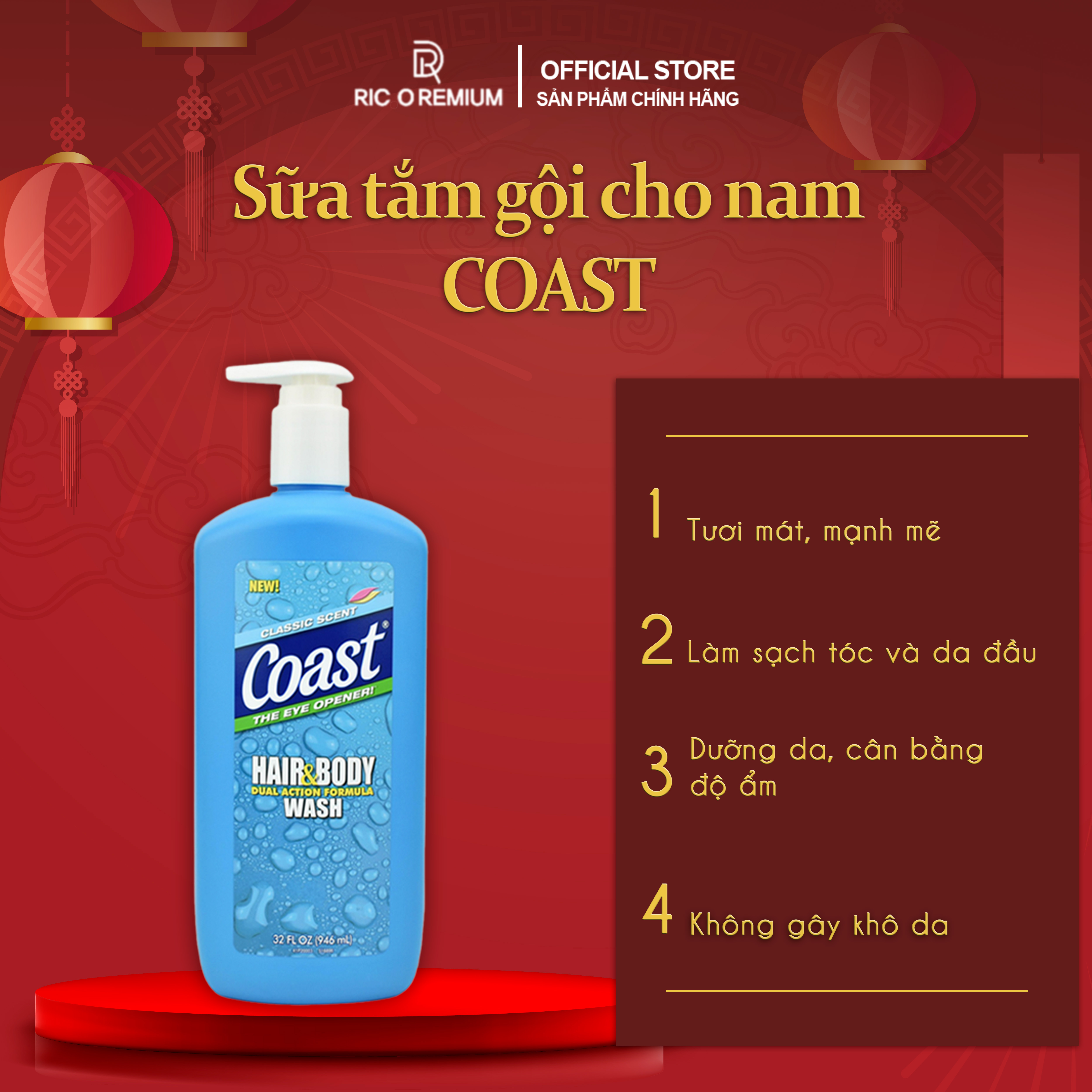 Sữa Tắm Gội Coast Mỹ 2in1 Hair And Body Cho Nam Chai 946ml Hàng Nhập Mỹ