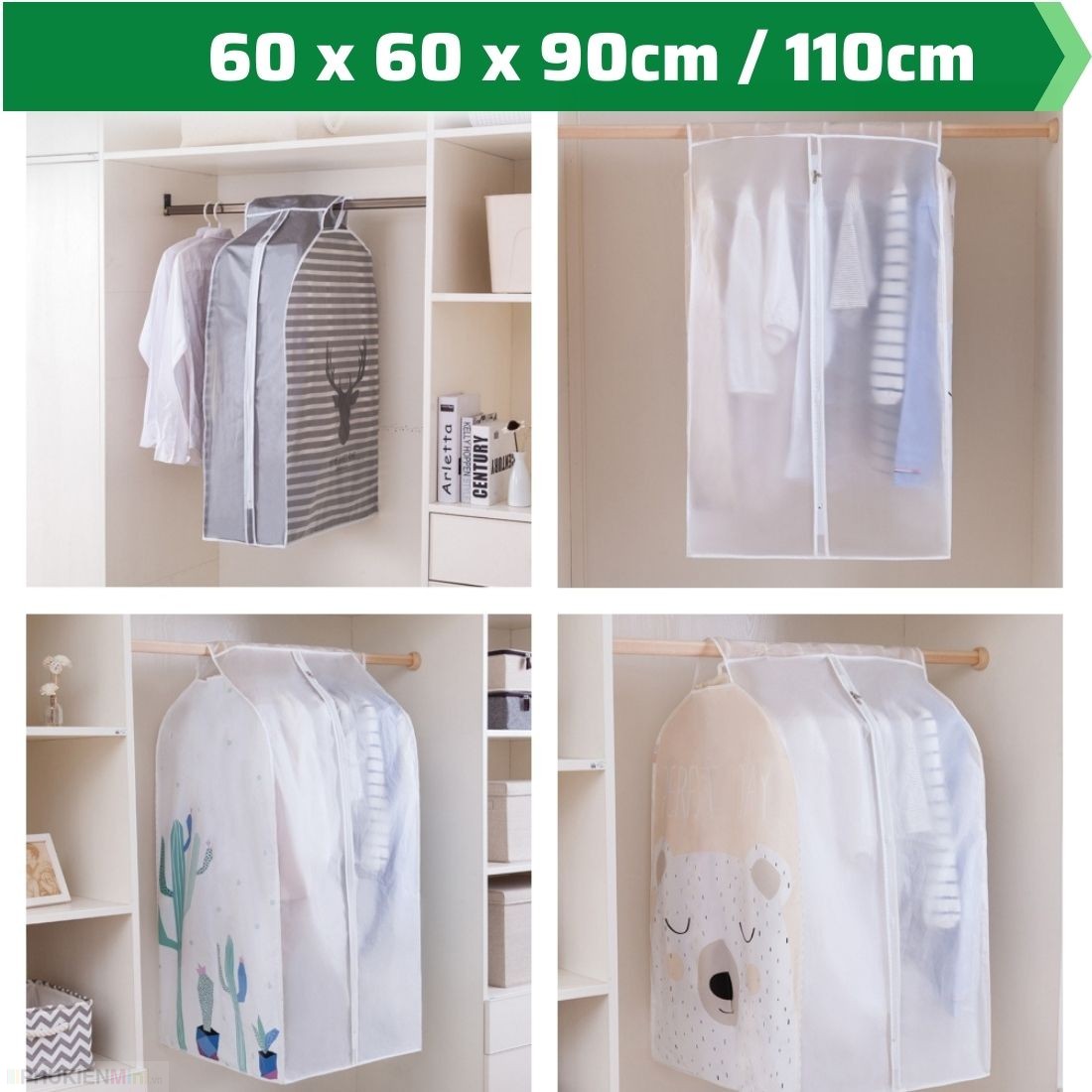 Túi peva size lớn bọc nhiều bộ quần áo treo tủ chống thấm, túi treo quần áo loại to chống bụi, có khóa kéo đôi tiện lợi nhiều size ngắn dài 90cm 110cm