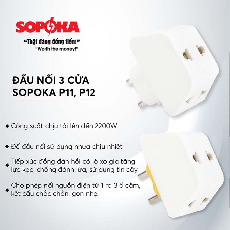 Đầu nối chia điện đa năng 3 cửa sopoka chịu tải 2200w