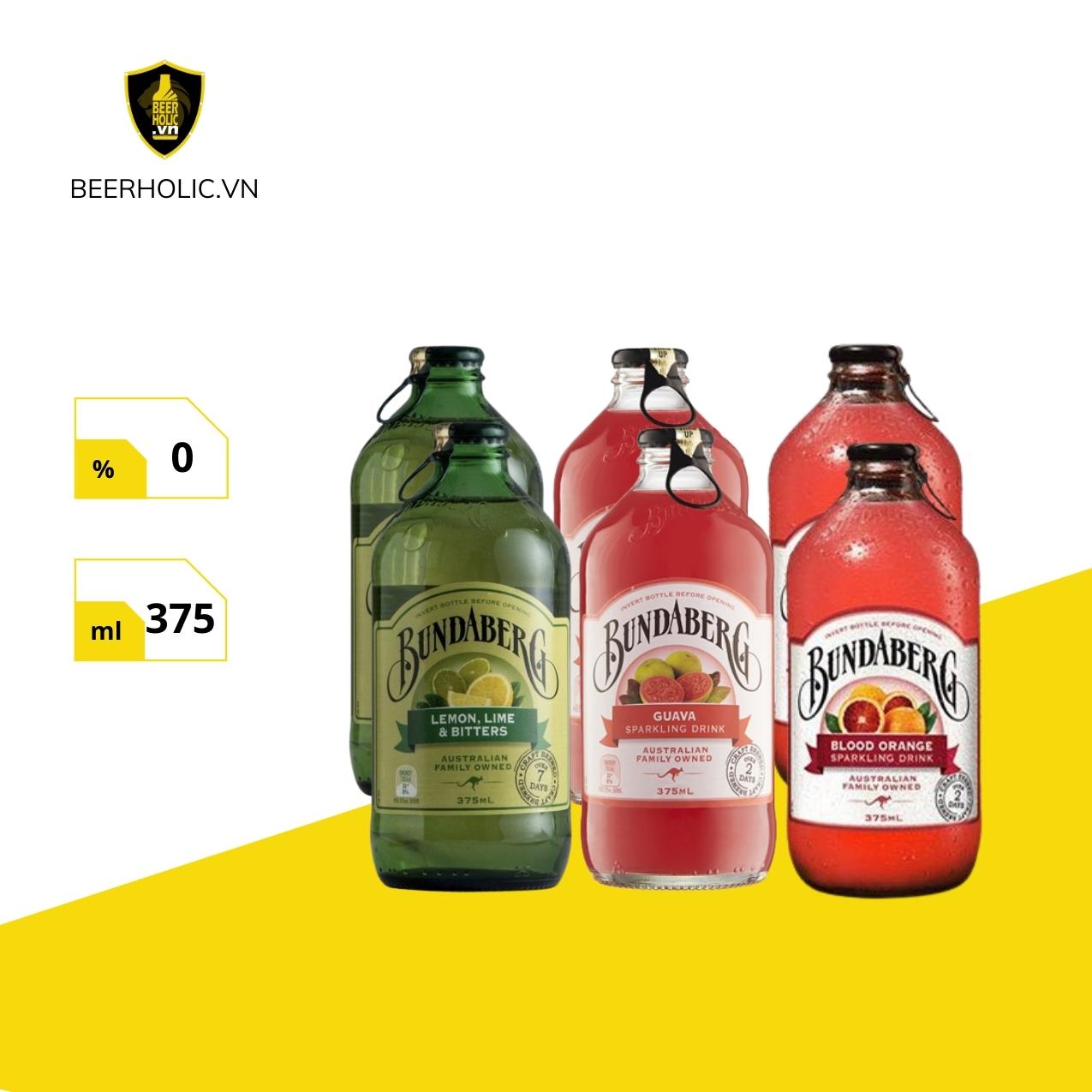Bia Bundaberg mix vị ngẫu nhiên, lốc 6 chai 375ml, Beerholic, Dòng bia trái cây không cồn